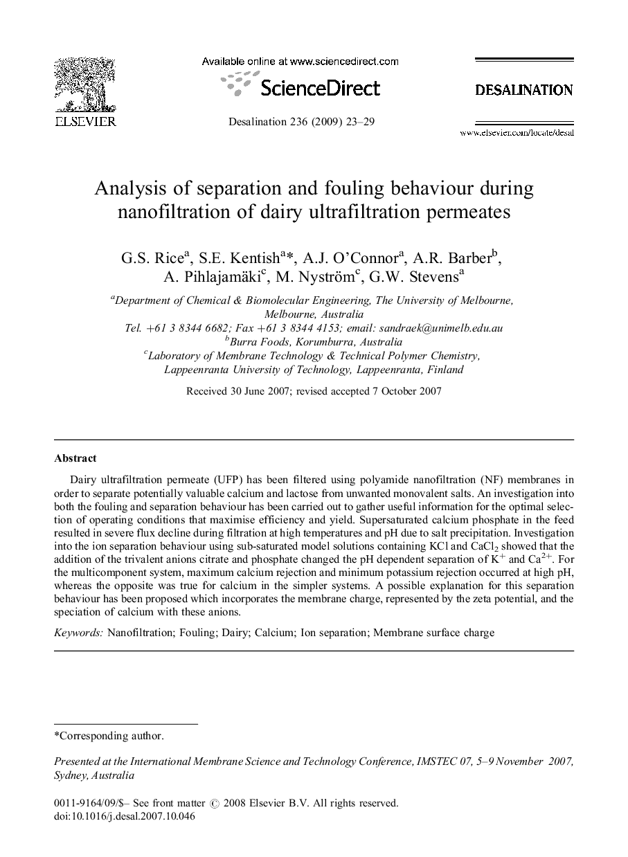 Analysis of separation and fouling behaviour during nanofiltration of dairy ultrafiltration permeates