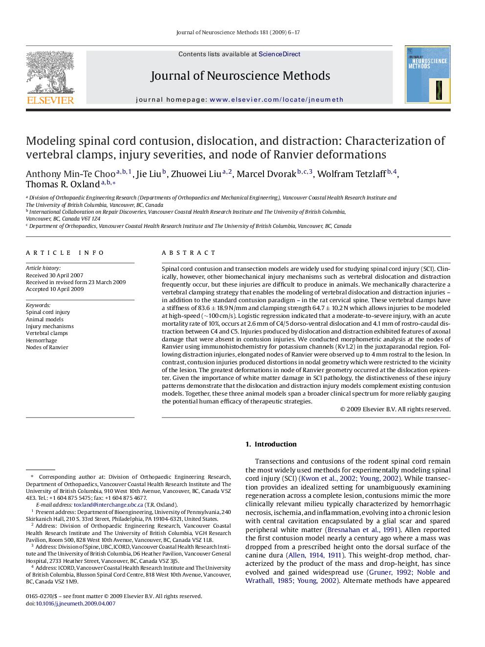 Modeling spinal cord contusion, dislocation, and distraction: Characterization of vertebral clamps, injury severities, and node of Ranvier deformations