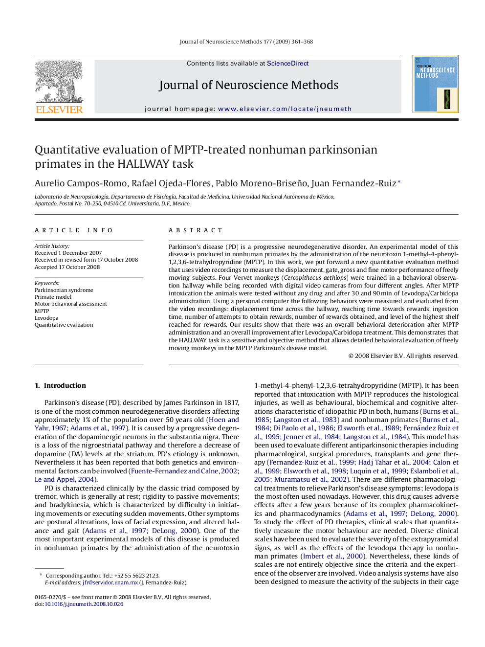 Quantitative evaluation of MPTP-treated nonhuman parkinsonian primates in the HALLWAY task