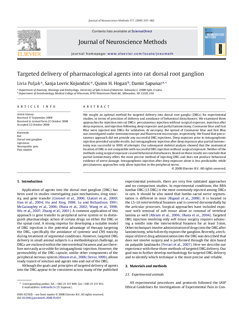 Targeted delivery of pharmacological agents into rat dorsal root ganglion