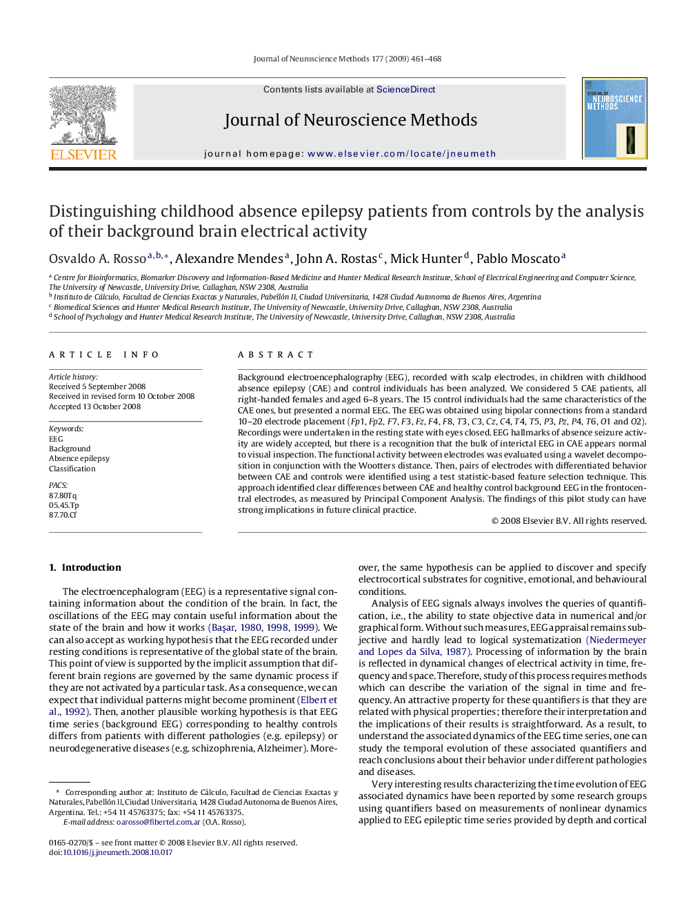 Distinguishing childhood absence epilepsy patients from controls by the analysis of their background brain electrical activity