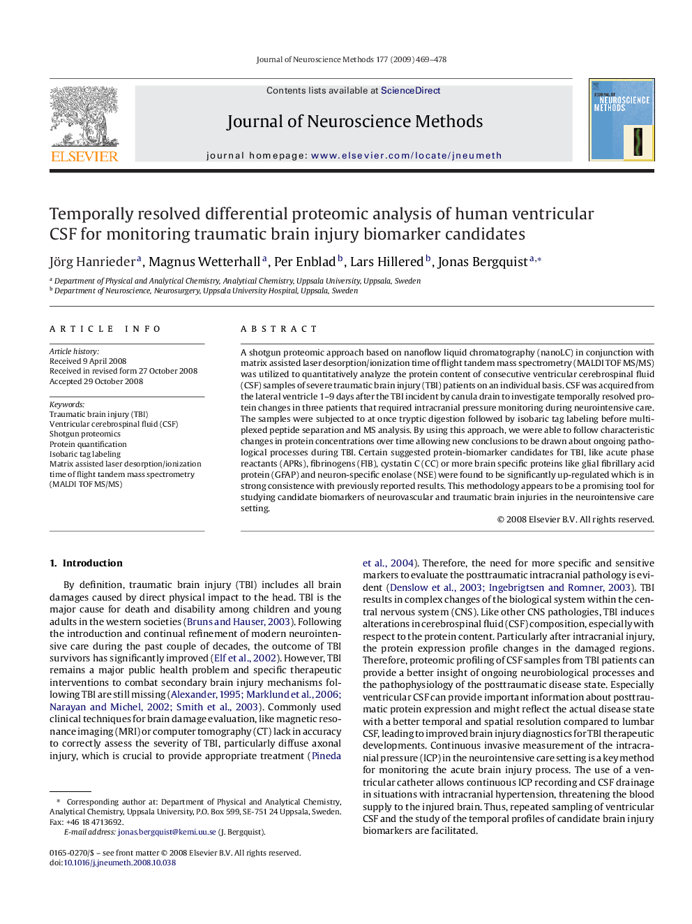 Temporally resolved differential proteomic analysis of human ventricular CSF for monitoring traumatic brain injury biomarker candidates