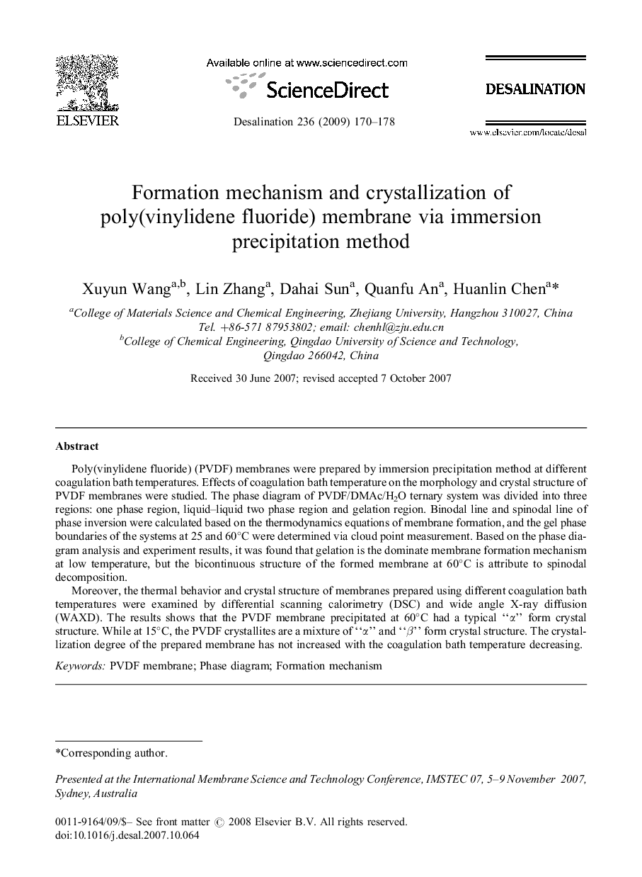 Formation mechanism and crystallization of poly(vinylidene fluoride) membrane via immersion precipitation method