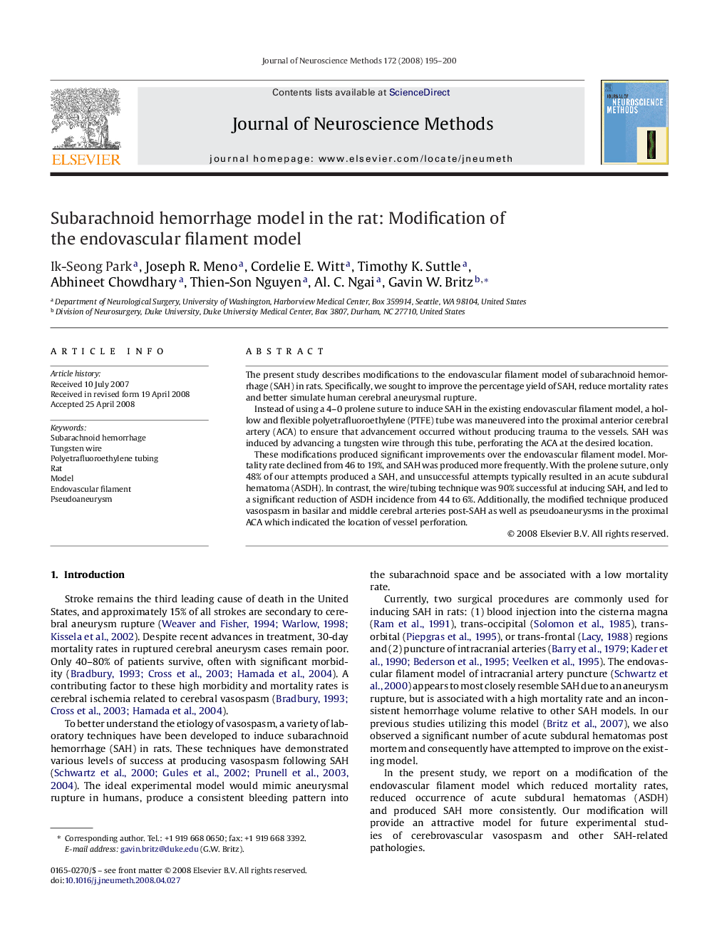 Subarachnoid hemorrhage model in the rat: Modification of the endovascular filament model