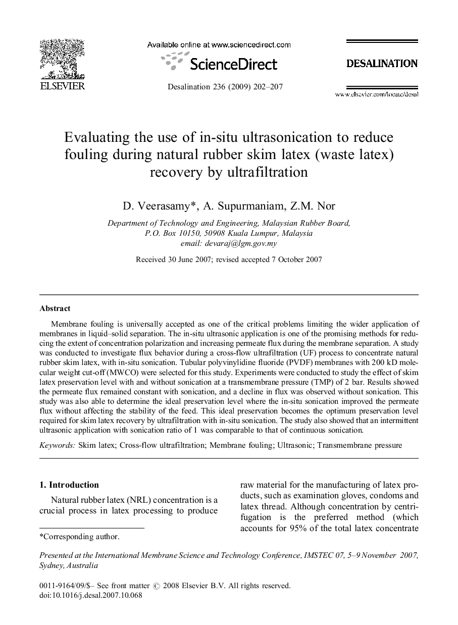 Evaluating the use of in-situ ultrasonication to reduce fouling during natural rubber skim latex (waste latex) recovery by ultrafiltration