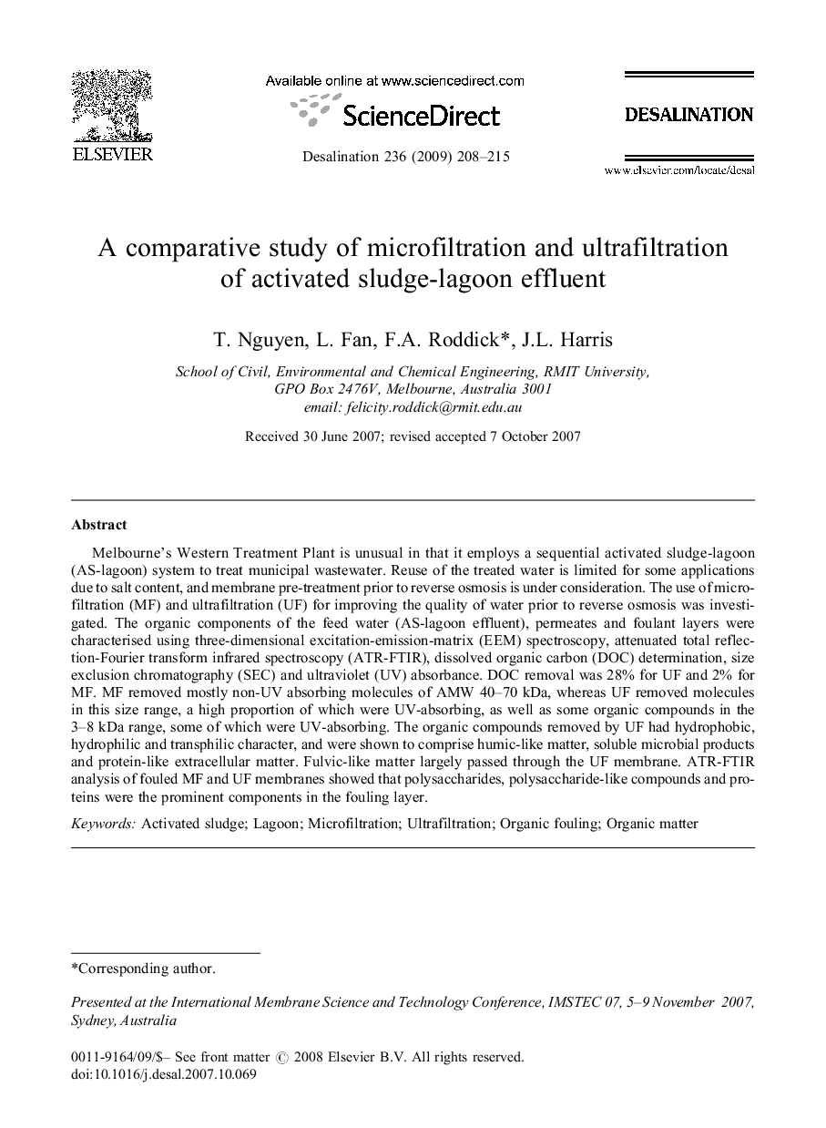 A comparative study of microfiltration and ultrafiltration of activated sludge-lagoon effluent