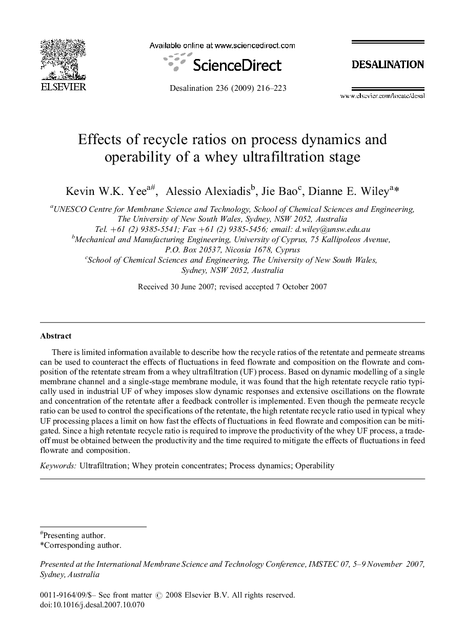 Effects of recycle ratios on process dynamics and operability of a whey ultrafiltration stage