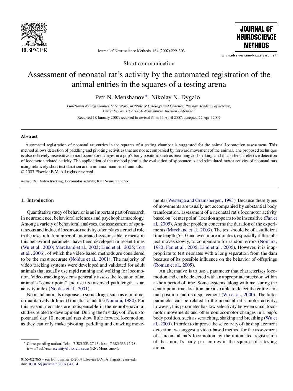 Short communicationAssessment of neonatal rat's activity by the automated registration of the animal entries in the squares of a testing arena