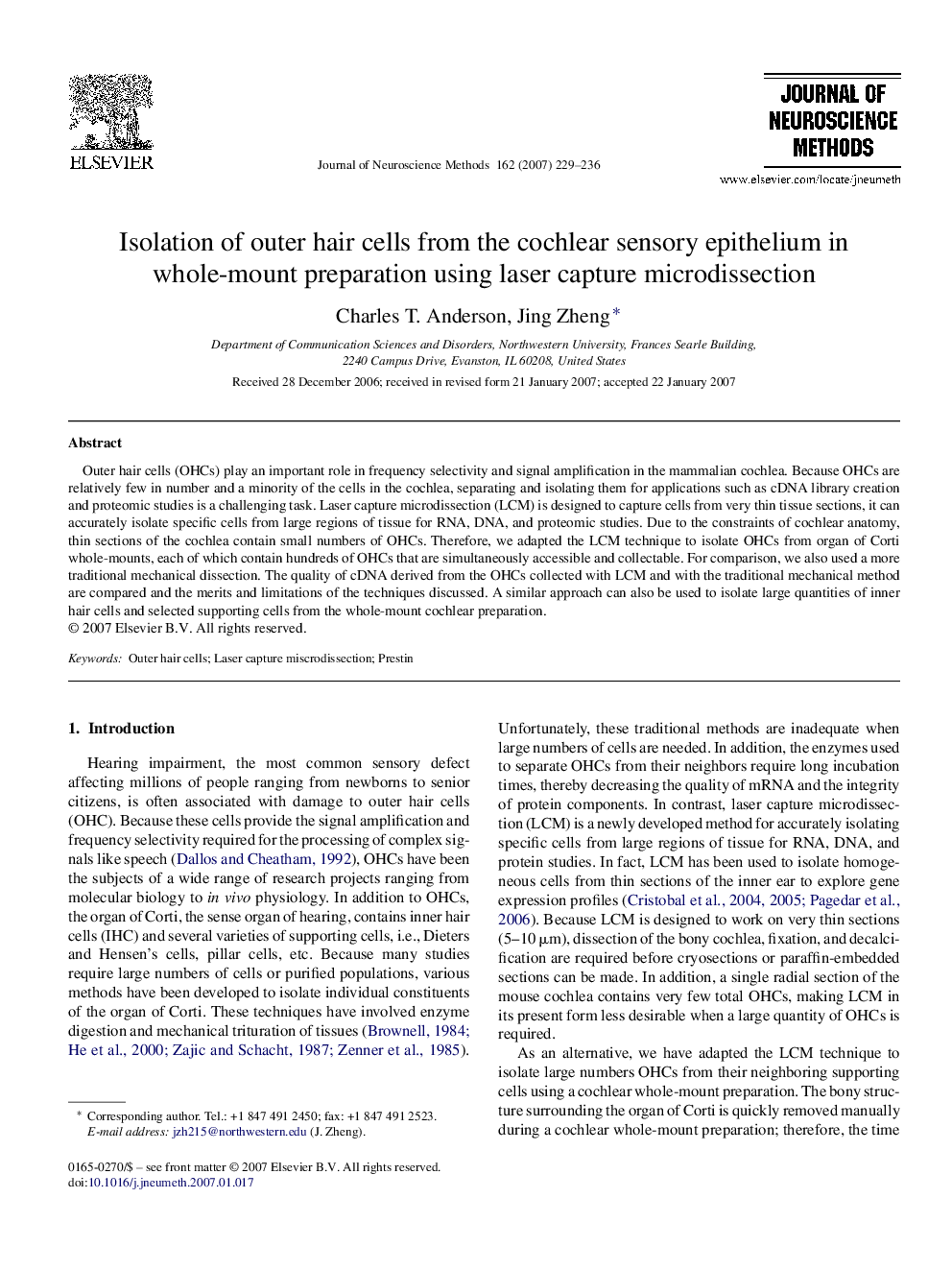 Isolation of outer hair cells from the cochlear sensory epithelium in whole-mount preparation using laser capture microdissection