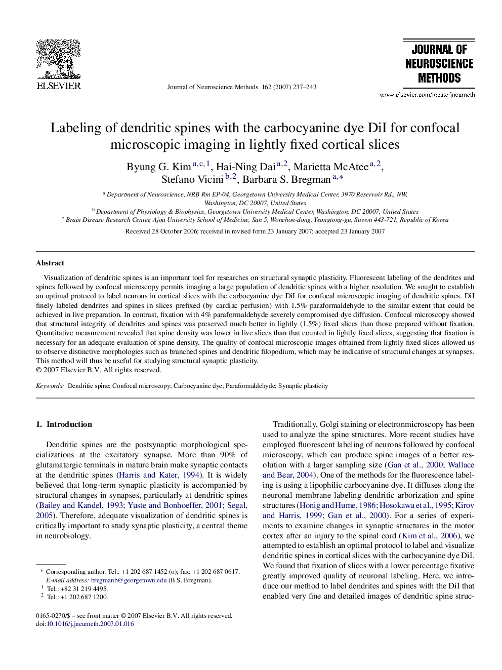 Labeling of dendritic spines with the carbocyanine dye DiI for confocal microscopic imaging in lightly fixed cortical slices