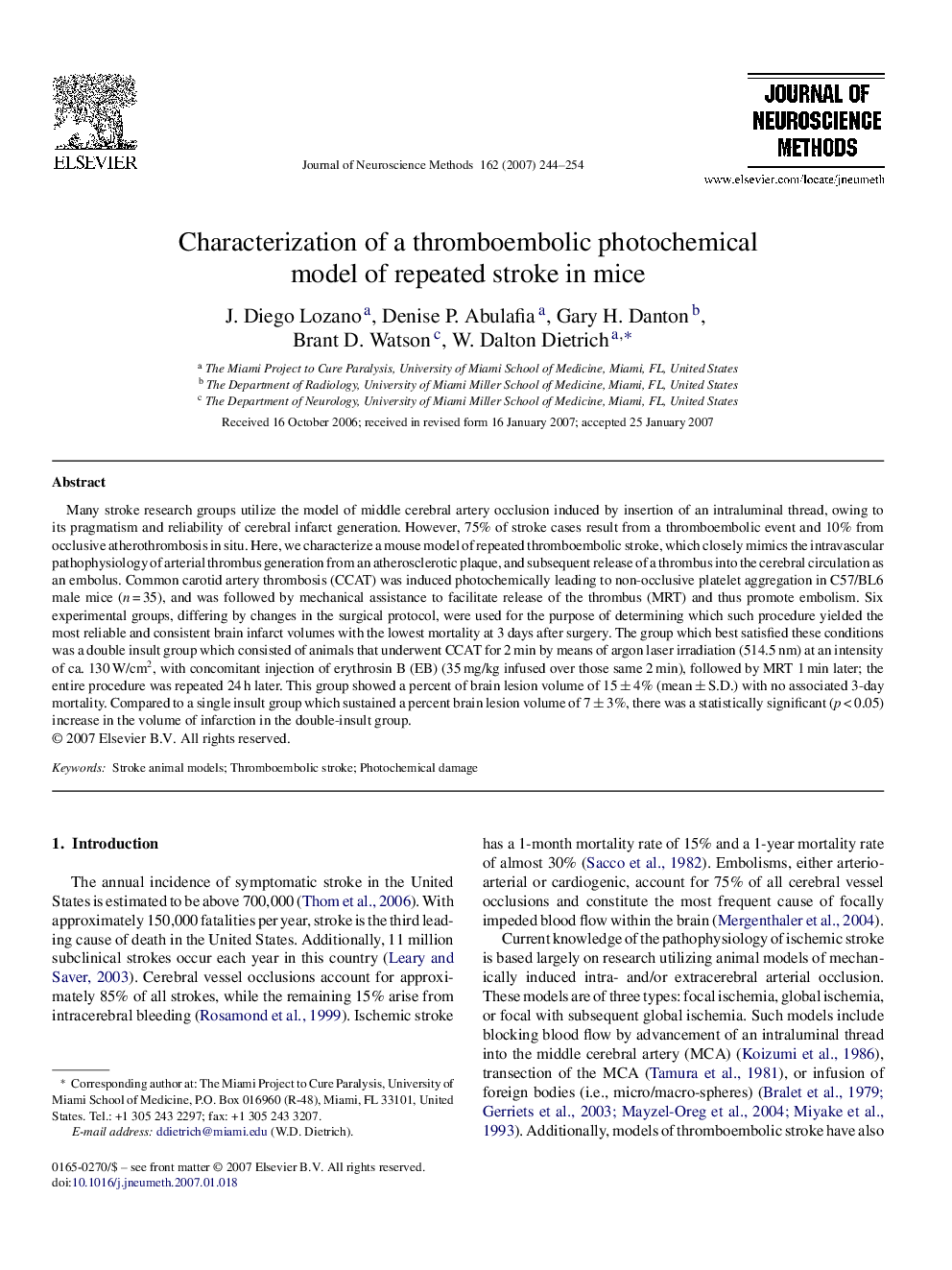 Characterization of a thromboembolic photochemical model of repeated stroke in mice