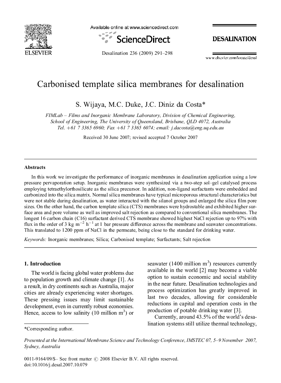 Carbonised template silica membranes for desalination