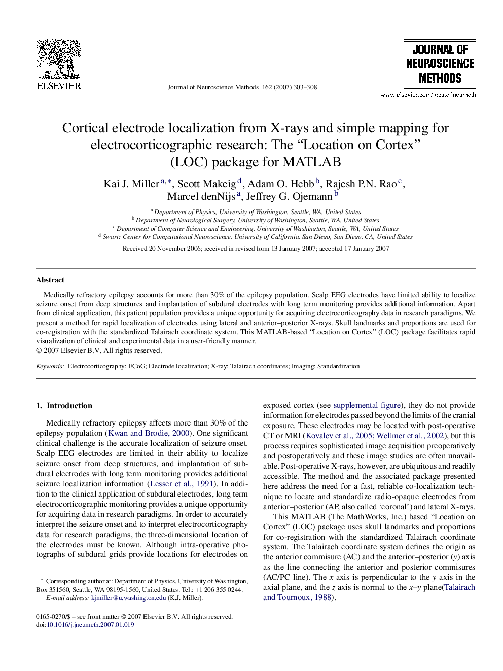 Cortical electrode localization from X-rays and simple mapping for electrocorticographic research: The “Location on Cortex” (LOC) package for MATLAB