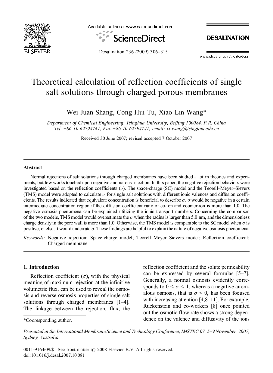 Theoretical calculation of reflection coefficients of single salt solutions through charged porous membranes