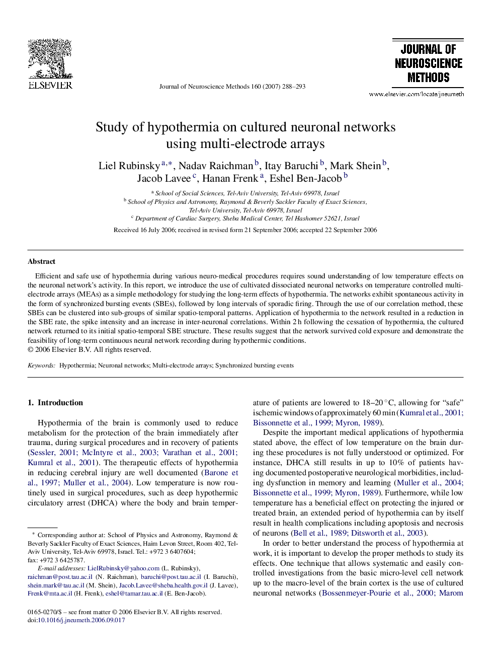 Study of hypothermia on cultured neuronal networks using multi-electrode arrays