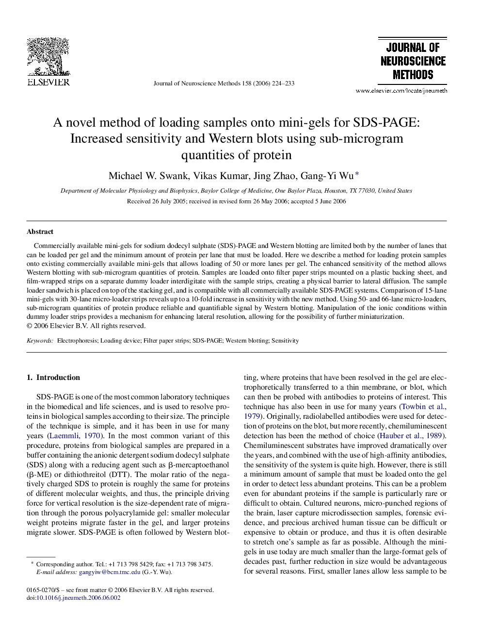 A novel method of loading samples onto mini-gels for SDS-PAGE: Increased sensitivity and Western blots using sub-microgram quantities of protein