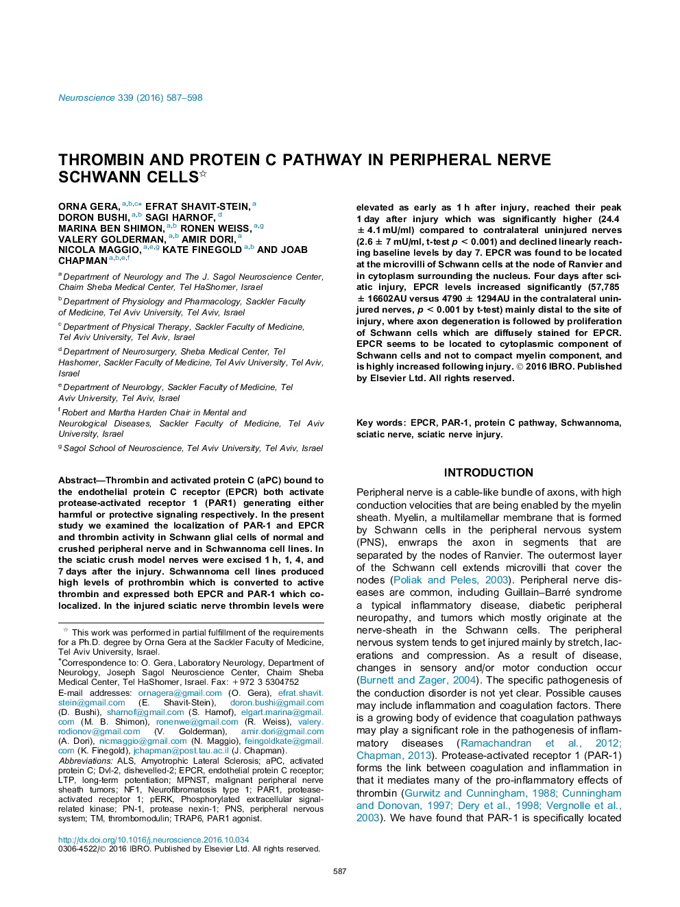 Thrombin and protein C pathway in peripheral nerve Schwann cells