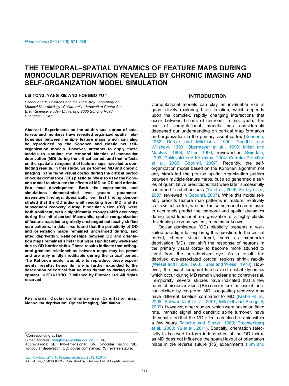 The temporal-spatial dynamics of feature maps during monocular deprivation revealed by chronic imaging and self-organization model simulation