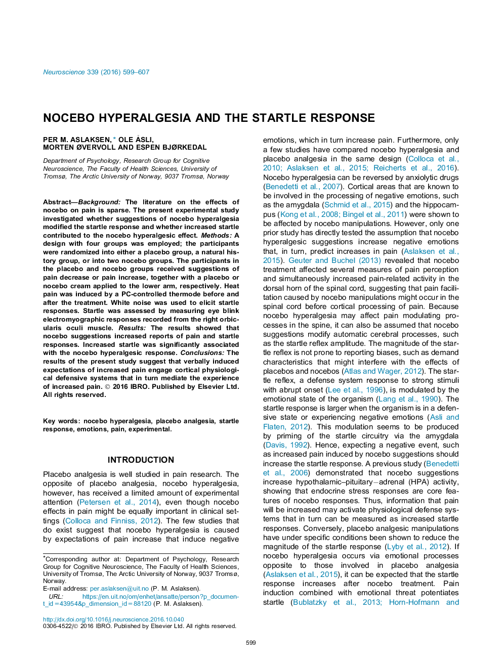 Nocebo hyperalgesia and the startle response