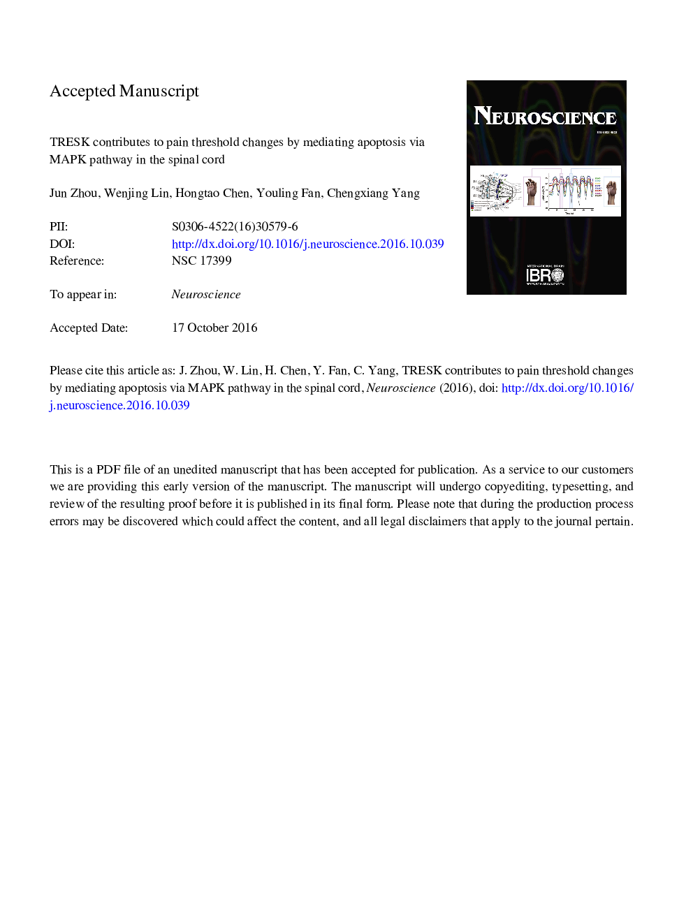 TRESK contributes to pain threshold changes by mediating apoptosis via MAPK pathway in the spinal cord