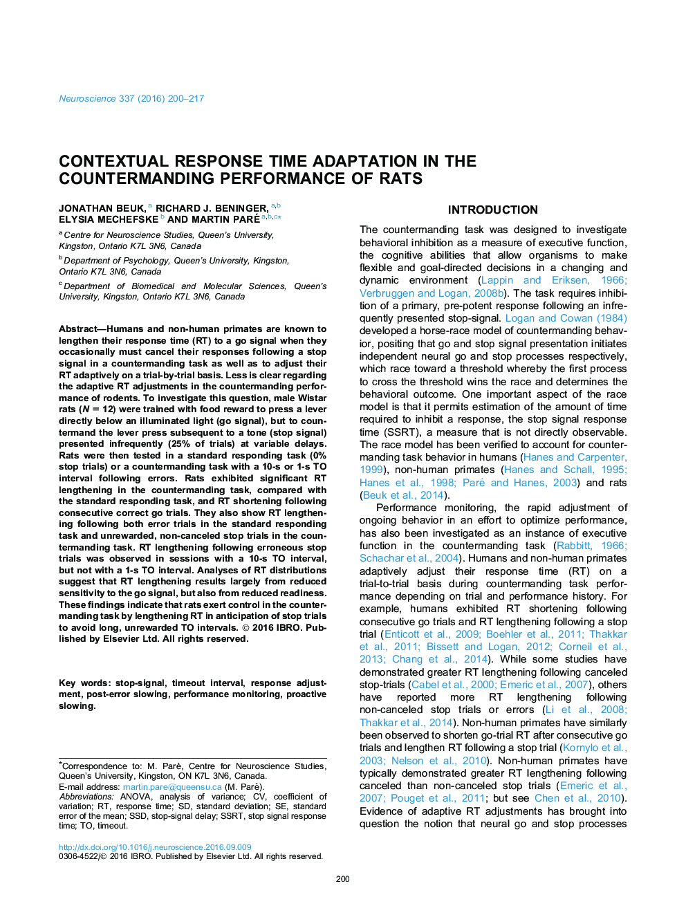 Contextual response time adaptation in the countermanding performance of rats