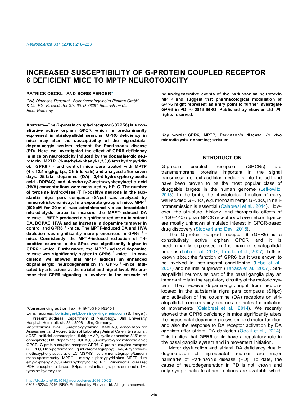 Increased susceptibility of G-protein coupled receptor 6 deficient mice to MPTP neurotoxicity