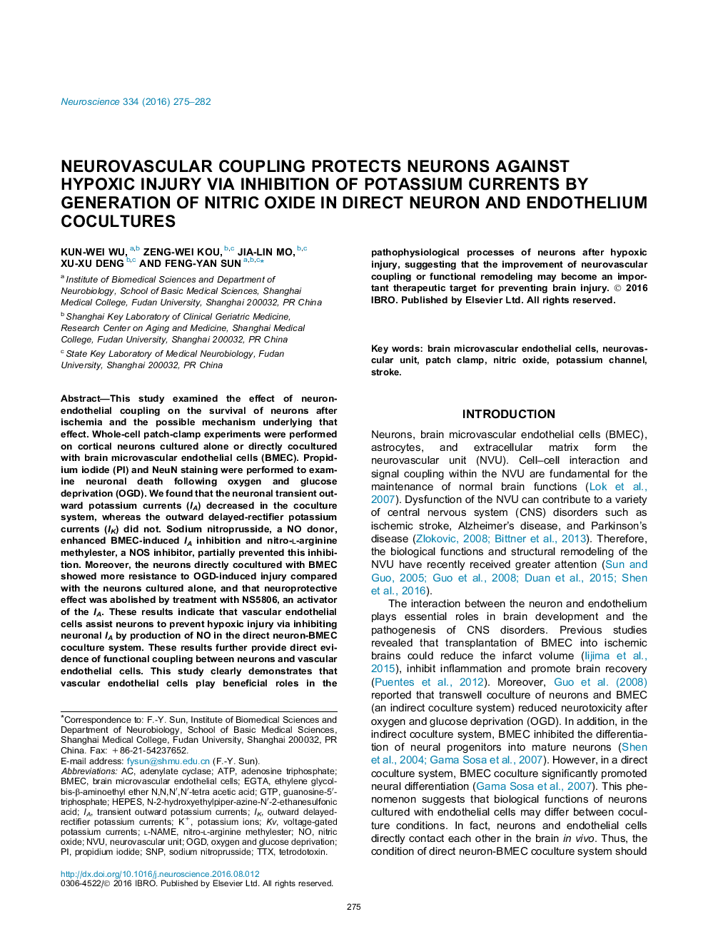 Neurovascular coupling protects neurons against hypoxic injury via inhibition of potassium currents by generation of nitric oxide in direct neuron and endothelium cocultures