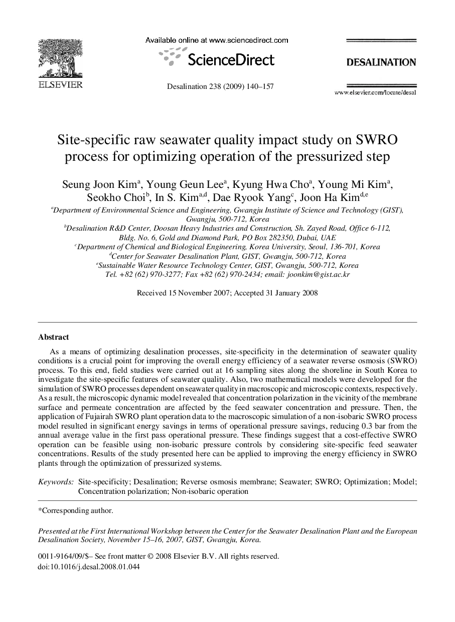 Site-specific raw seawater quality impact study on SWRO process for optimizing operation of the pressurized step