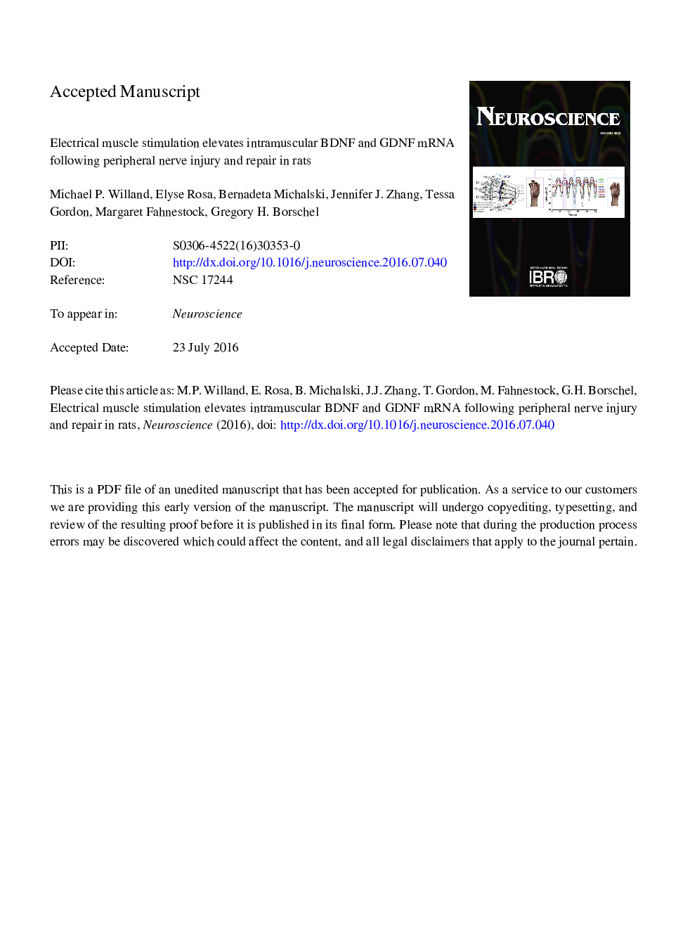 Electrical muscle stimulation elevates intramuscular BDNF and GDNF mRNA following peripheral nerve injury and repair in rats