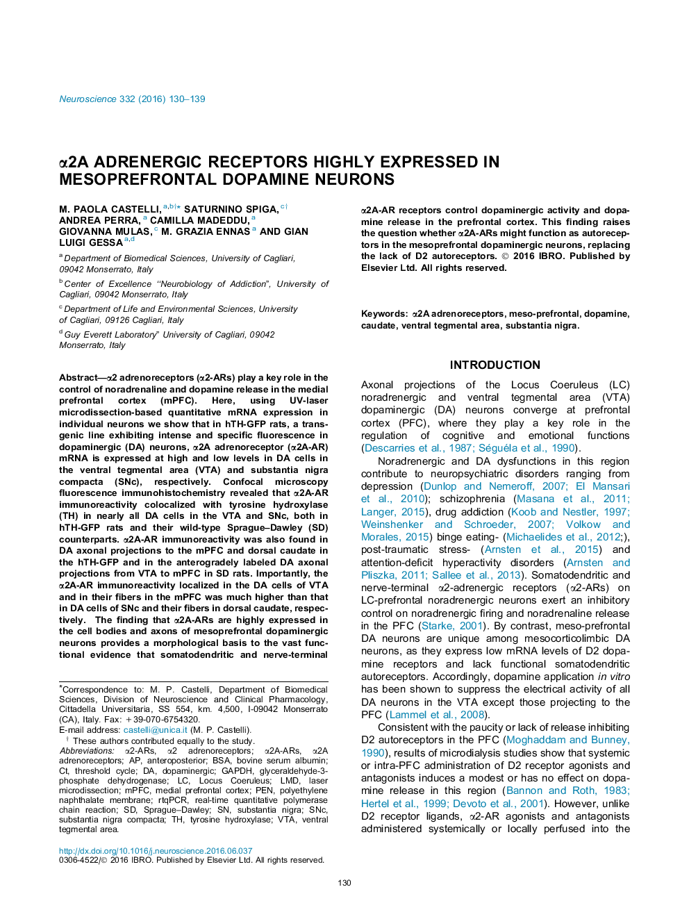 Î±2A adrenergic receptors highly expressed in mesoprefrontal dopamine neurons