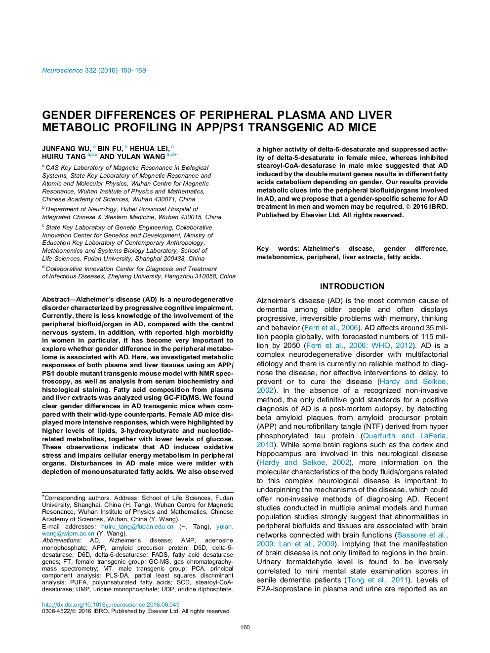 Gender differences of peripheral plasma and liver metabolic profiling in APP/PS1 transgenic AD mice