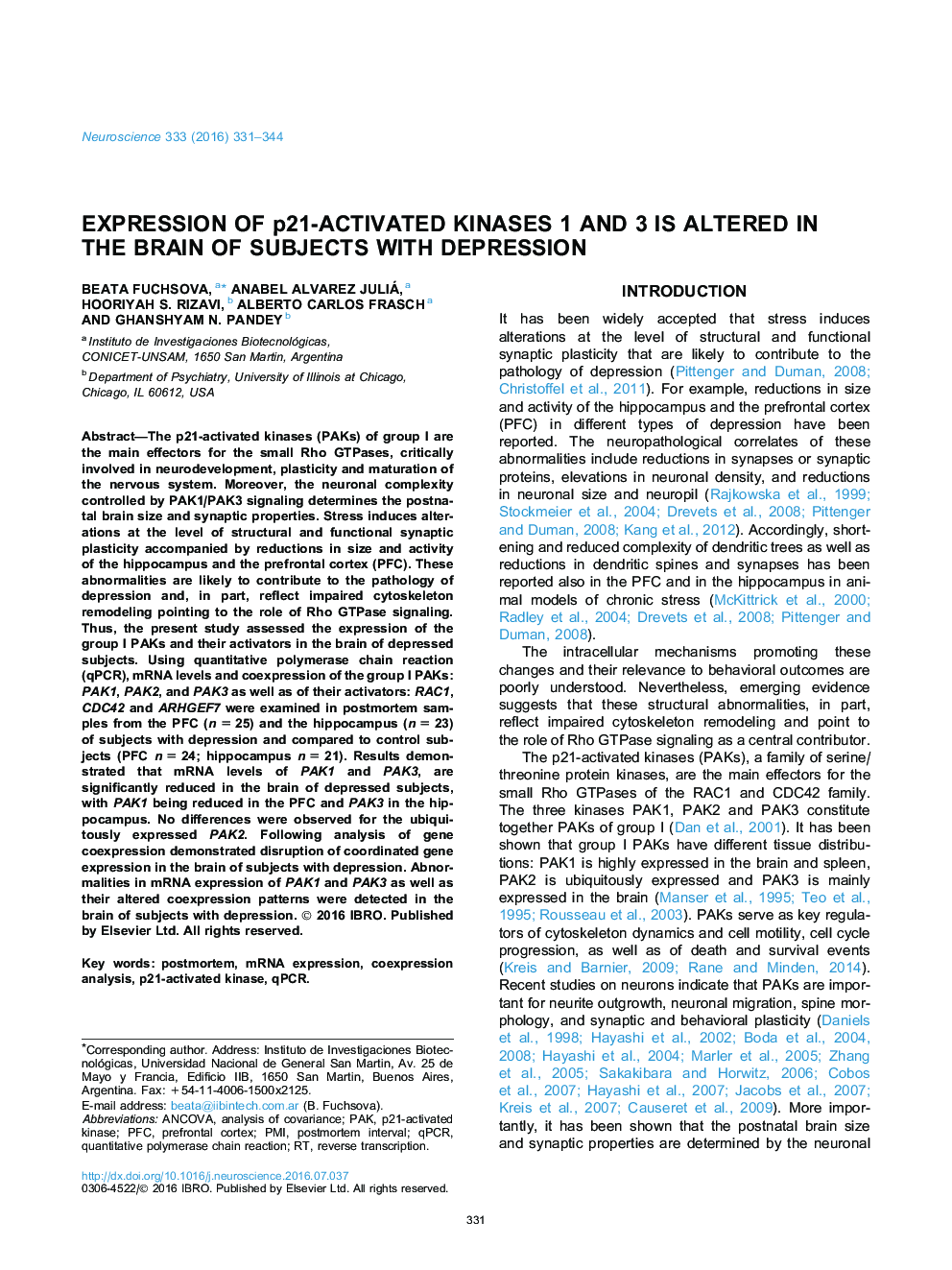 Expression of p21-activated kinases 1 and 3 is altered in the brain of subjects with depression