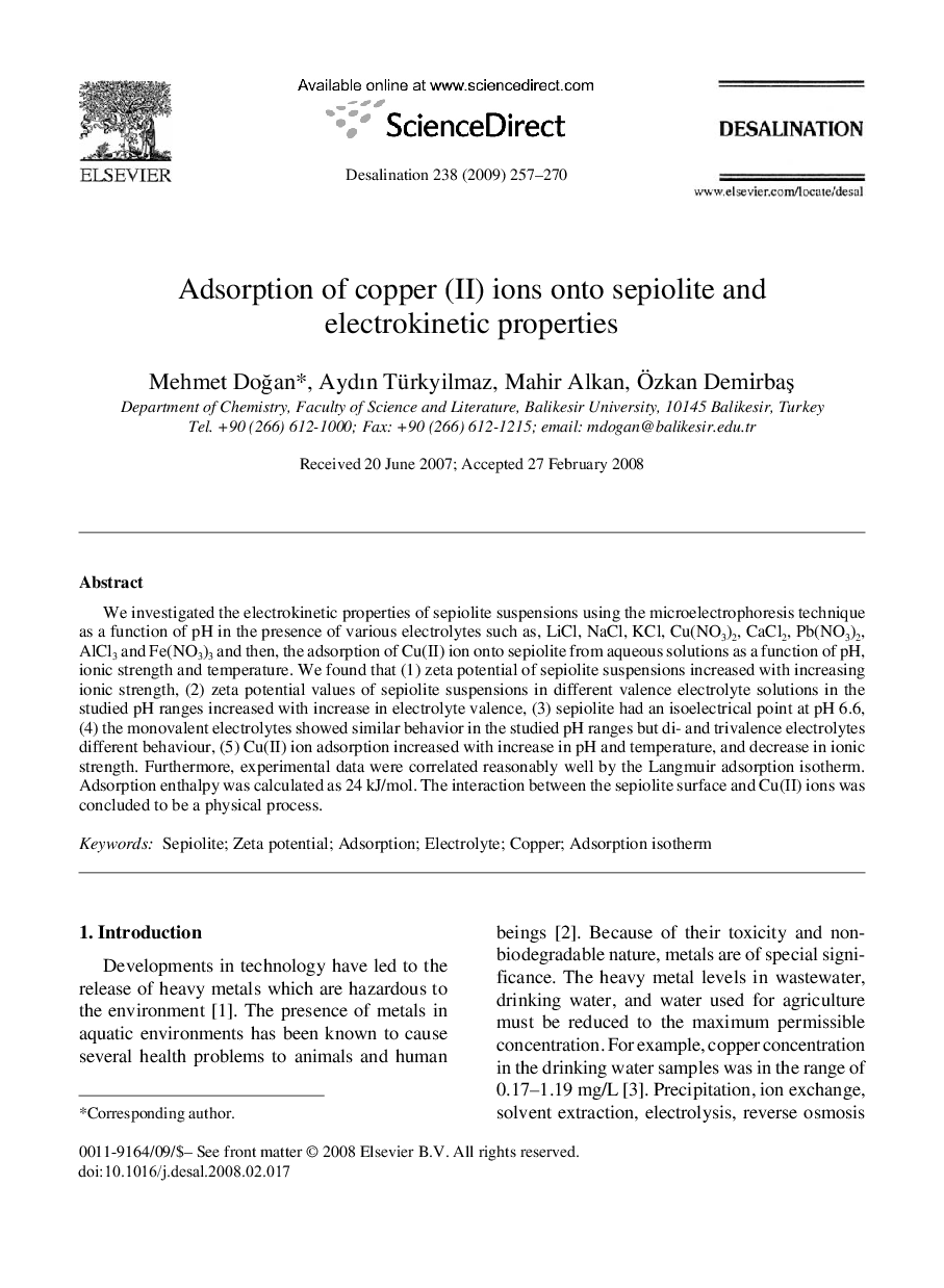 Adsorption of copper (II) ions onto sepiolite and electrokinetic properties