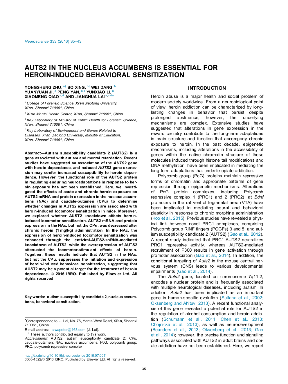 AUTS2 in the nucleus accumbens is essential for heroin-induced behavioral sensitization