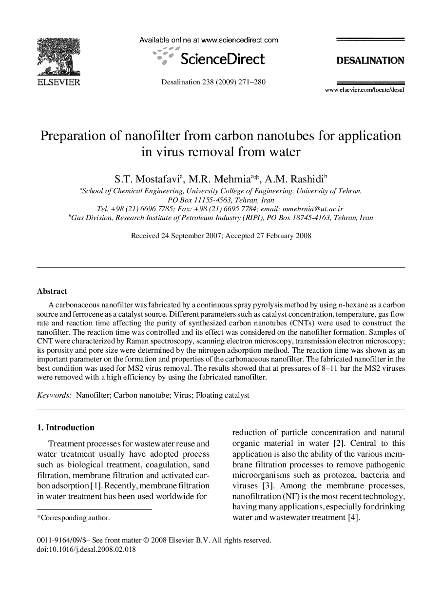 Preparation of nanofilter from carbon nanotubes for application in virus removal from water