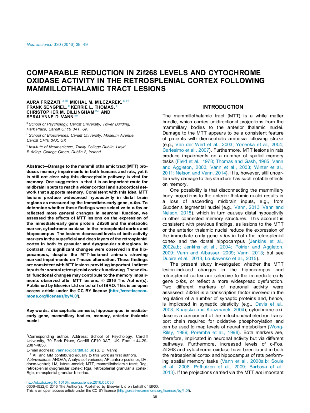 Comparable reduction in Zif268 levels and cytochrome oxidase activity in the retrosplenial cortex following mammillothalamic tract lesions