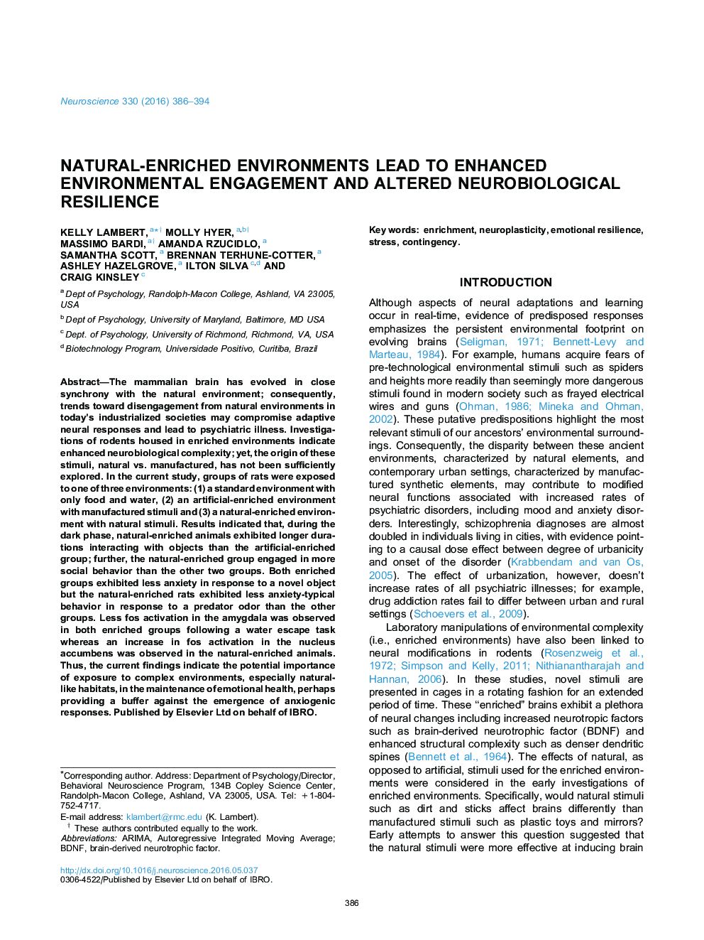 Natural-enriched environments lead to enhanced environmental engagement and altered neurobiological resilience
