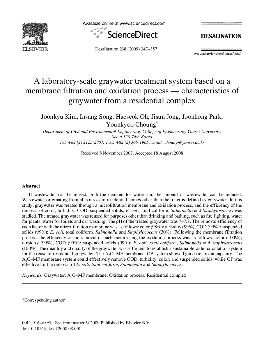 A laboratory-scale graywater treatment system based on a membrane filtration and oxidation process — characteristics of graywater from a residential complex