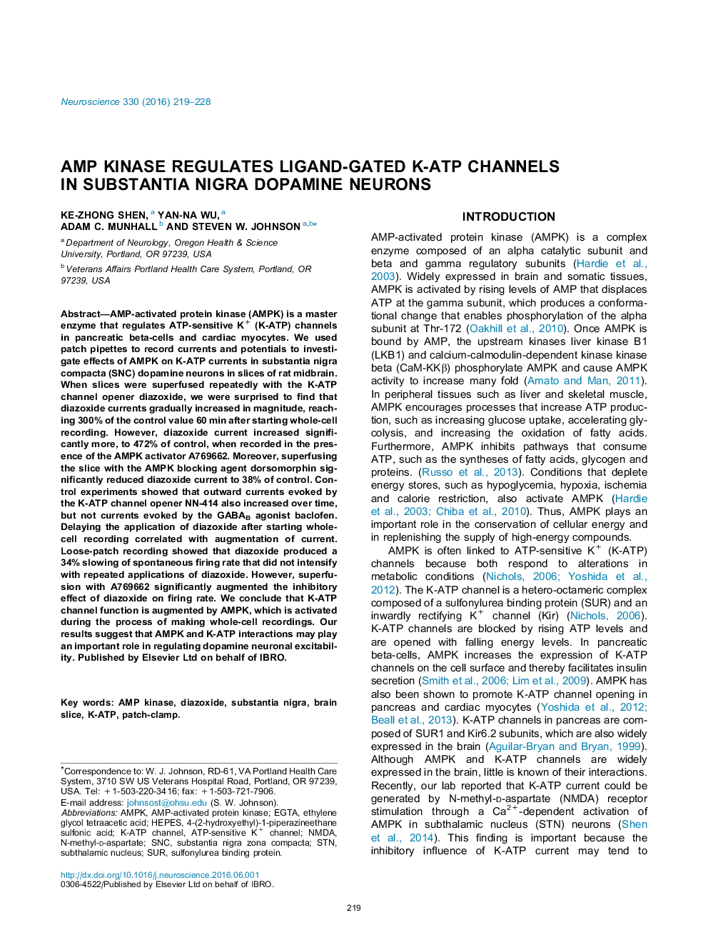 AMP kinase regulates ligand-gated K-ATP channels in substantia nigra dopamine neurons