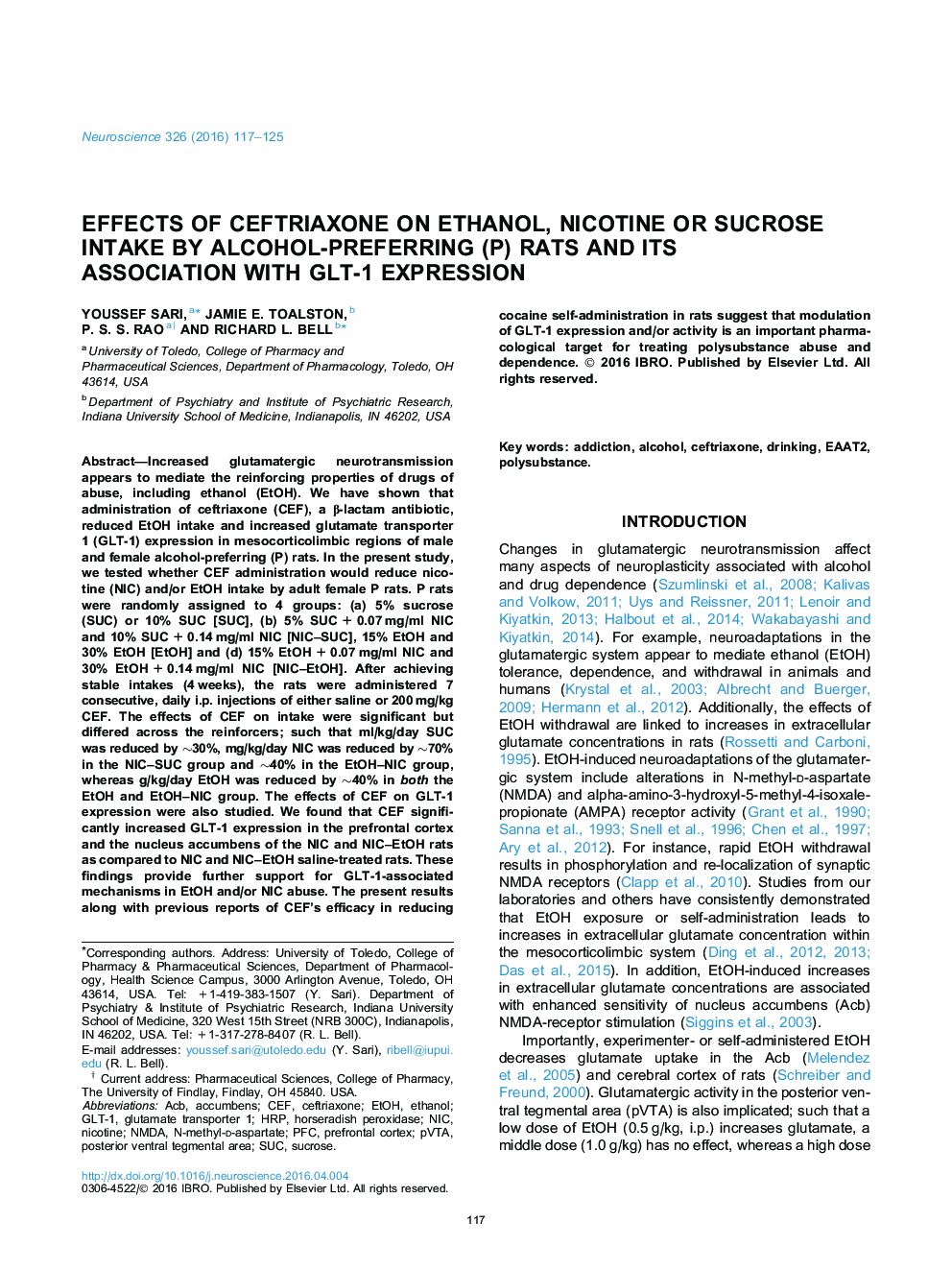 Effects of ceftriaxone on ethanol, nicotine or sucrose intake by alcohol-preferring (P) rats and its association with GLT-1 expression