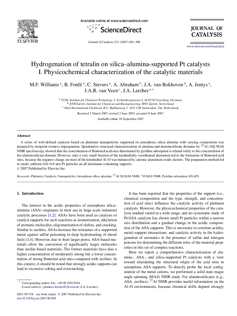 Hydrogenation of tetralin on silica–alumina-supported Pt catalysts I. Physicochemical characterization of the catalytic materials