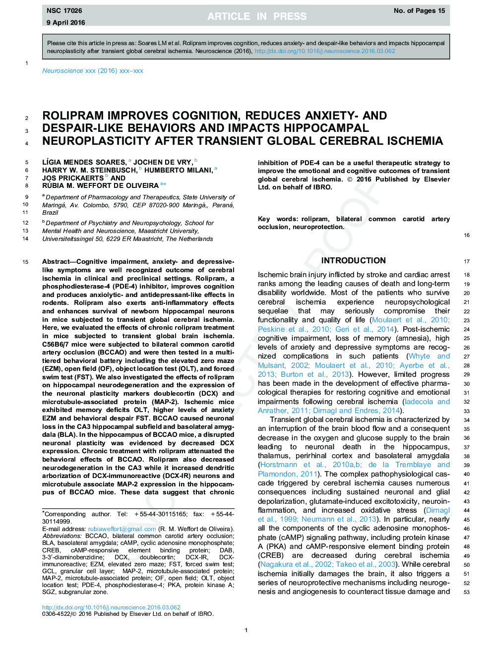 Rolipram improves cognition, reduces anxiety- and despair-like behaviors and impacts hippocampal neuroplasticity after transient global cerebral ischemia