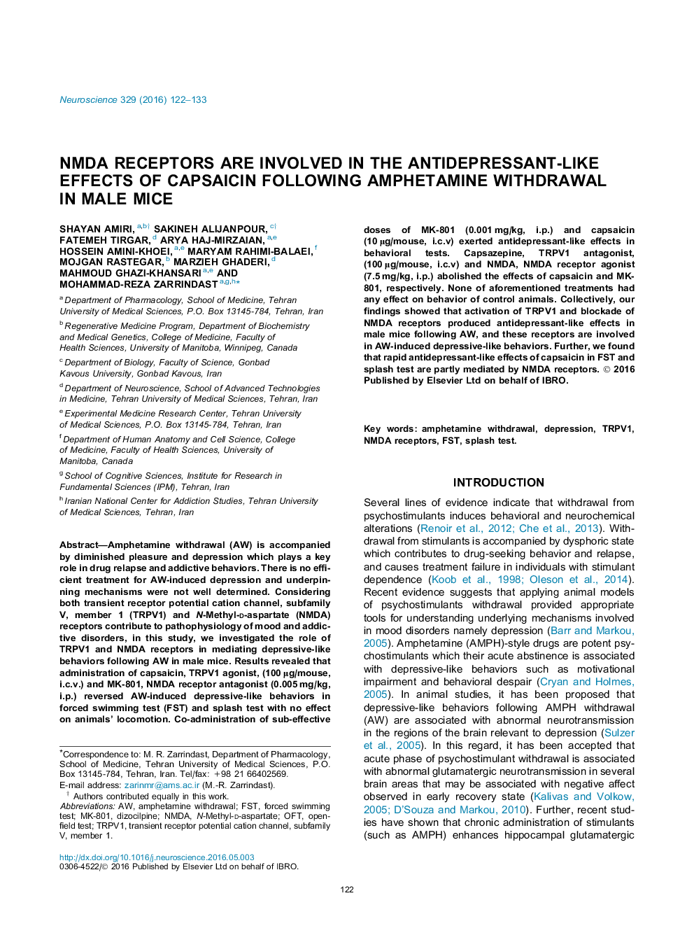 NMDA receptors are involved in the antidepressant-like effects of capsaicin following amphetamine withdrawal in male mice