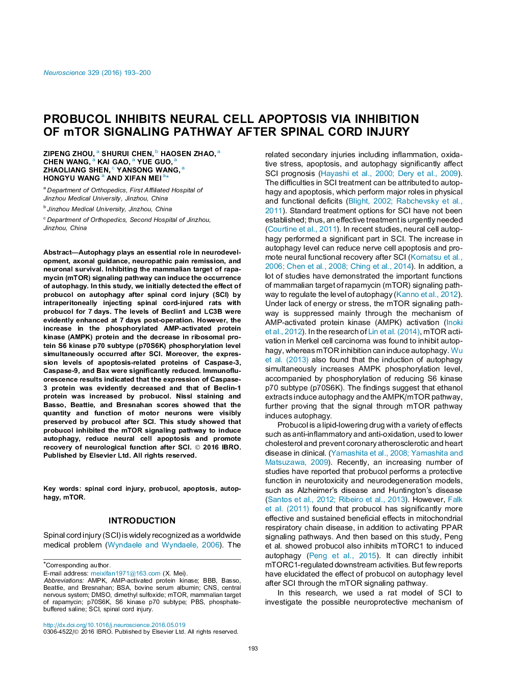 Probucol inhibits neural cell apoptosis via inhibition of mTOR signaling pathway after spinal cord injury