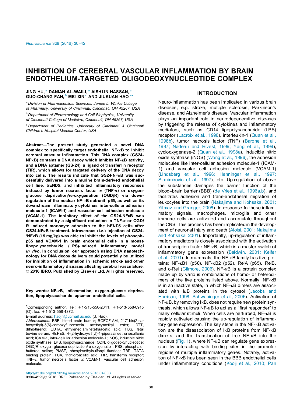 Inhibition of cerebral vascular inflammation by brain endothelium-targeted oligodeoxynucleotide complex