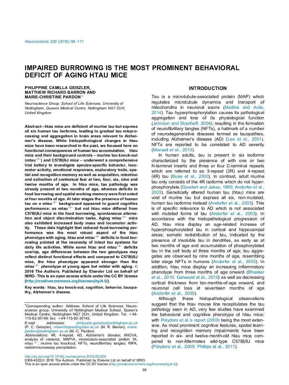 Impaired burrowing is the most prominent behavioral deficit of aging htau mice