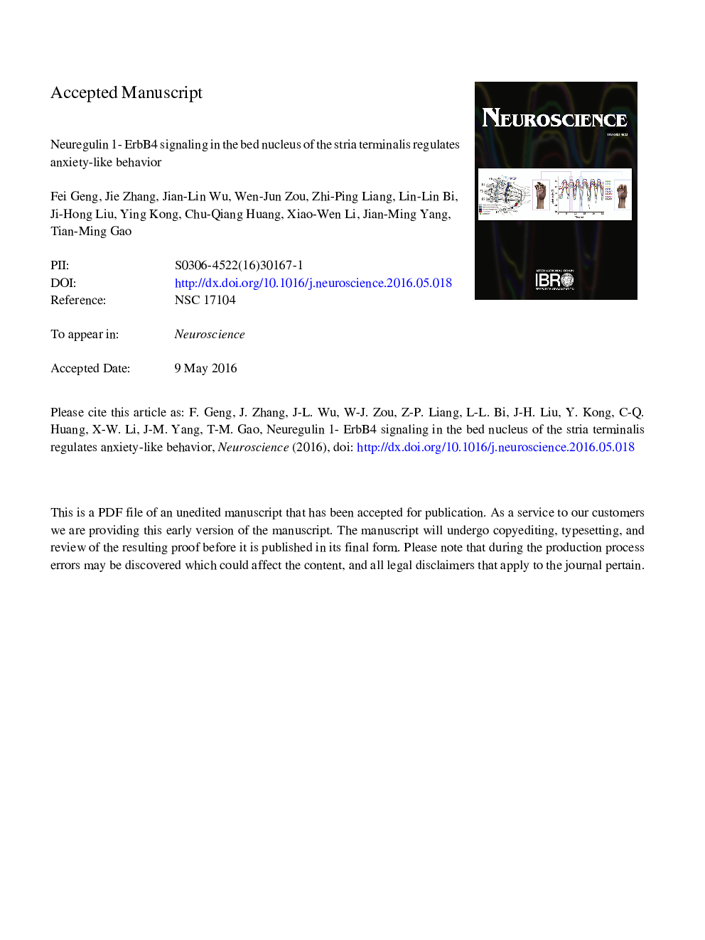 Neuregulin 1-ErbB4 signaling in the bed nucleus of the stria terminalis regulates anxiety-like behavior