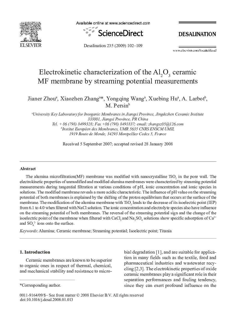 Electrokinetic characterization of the Al2O3 ceramic MF membrane by streaming potential measurements