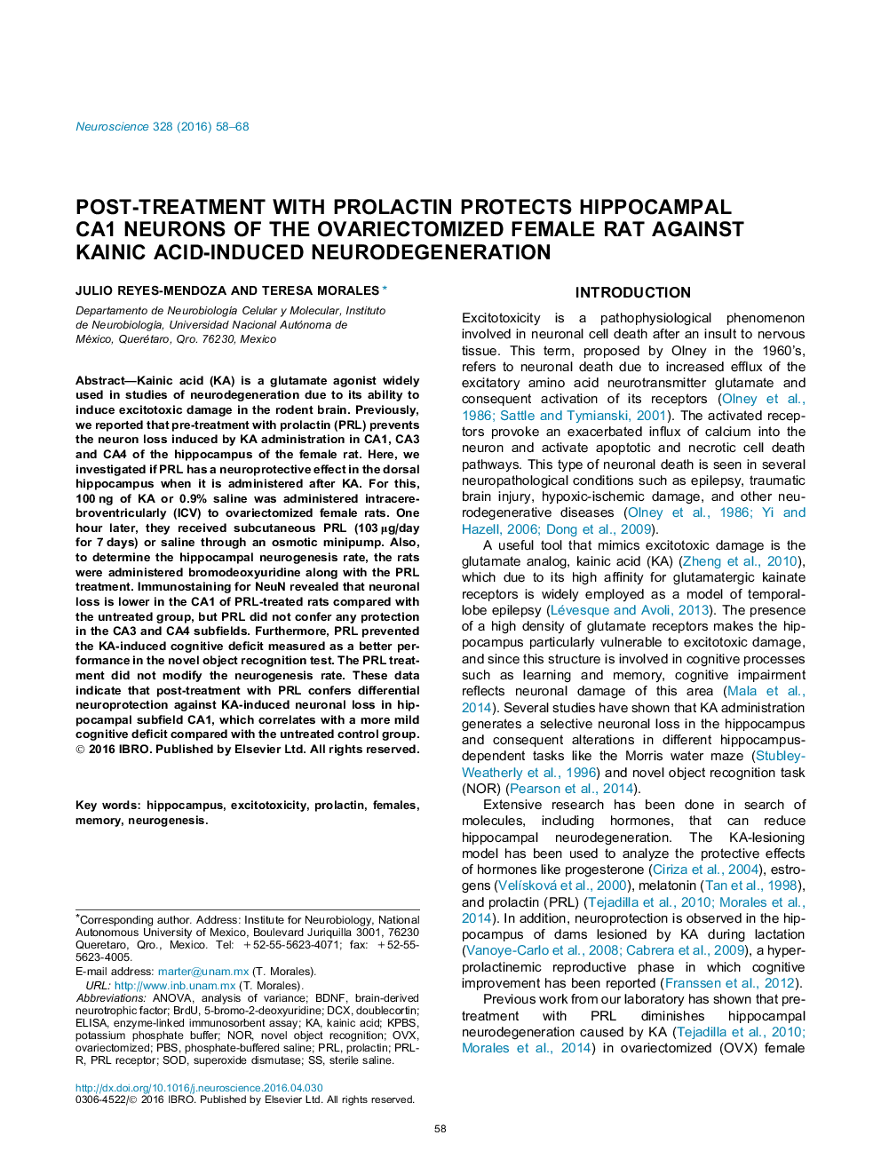 Post-treatment with prolactin protects hippocampal CA1 neurons of the ovariectomized female rat against kainic acid-induced neurodegeneration