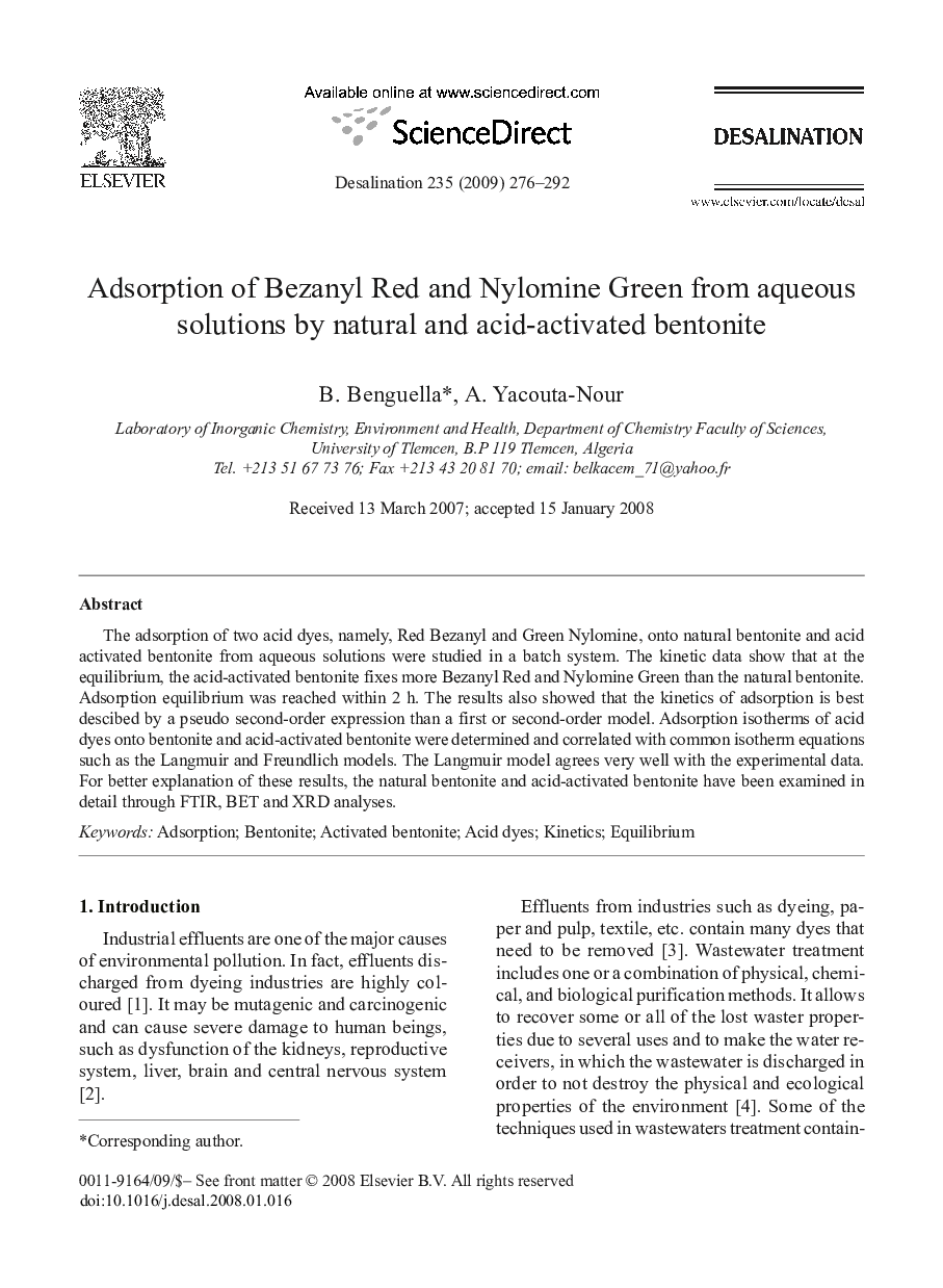 Adsorption of Bezanyl Red and Nylomine Green from aqueous solutions by natural and acid-activated bentonite